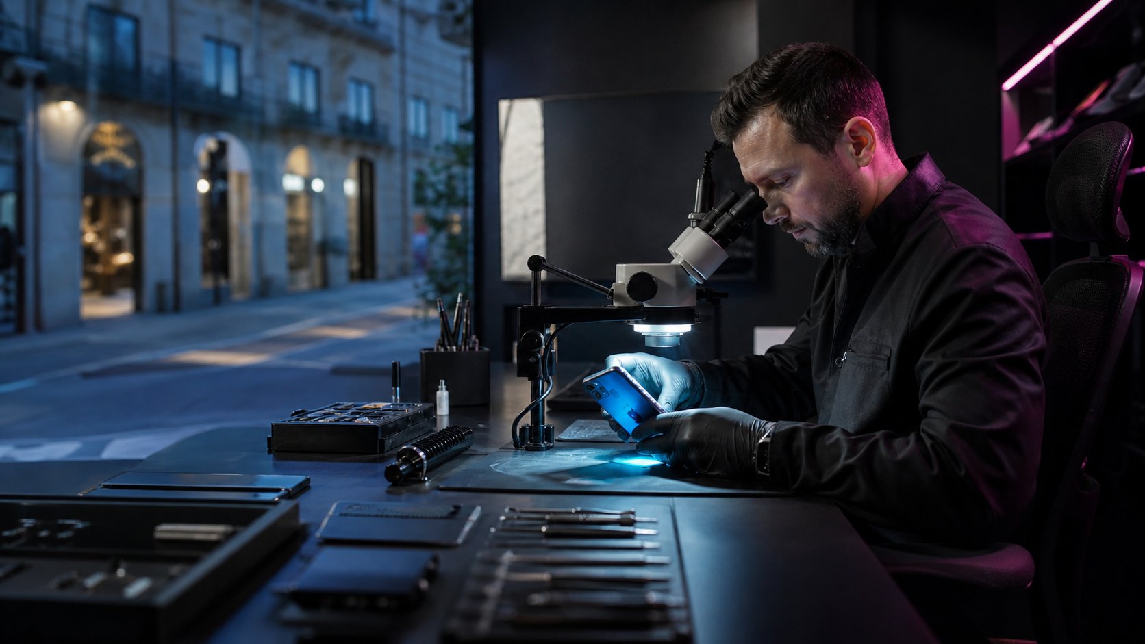 Técnico da Phone Care+ a diagnosticar um telemóvel em Braga